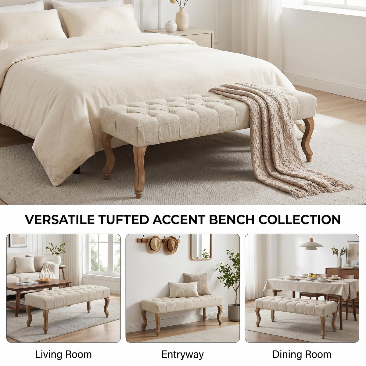 40" Beige Linen Fabric Upholstered Tufted Bench with Distressed Wood Legs S340860