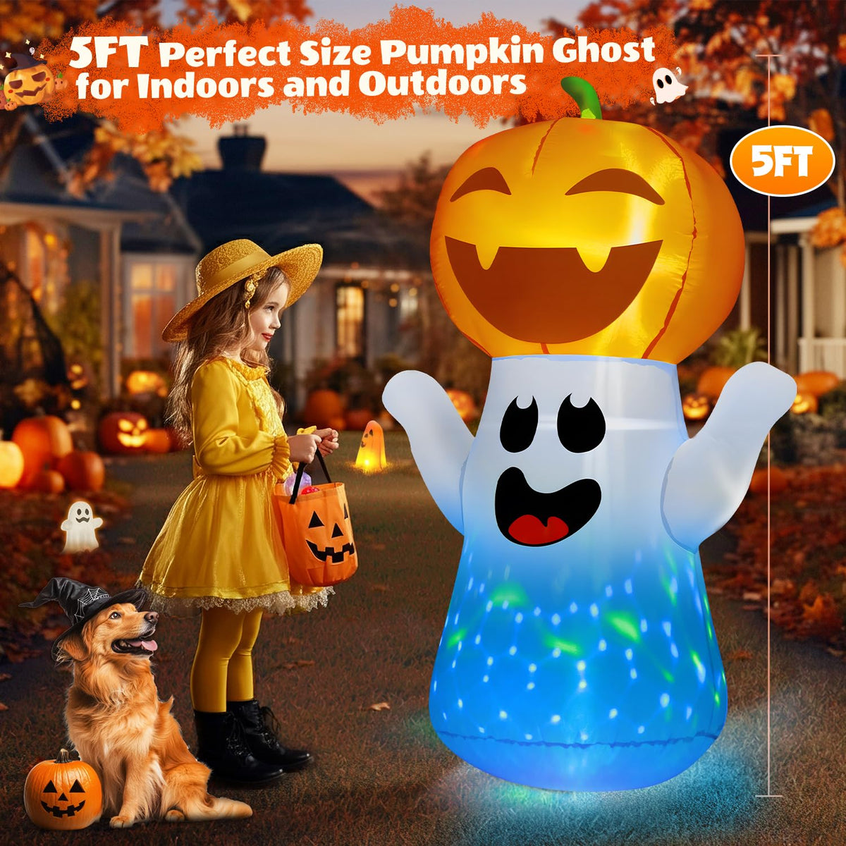 5FT Halloween Inflatables Pumpkin Ghost Built-in 3-Pattern Colorful Flashing Light X3125
