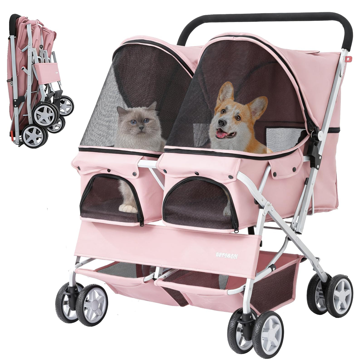 Double Pet Stroller for 2 Small Dogs & Cats, Side-by-Side Twin Travel Carriage with Safety Leashes, Mesh Windows & Double Storage Baskets, Lightweight & Foldable, 44lbs Capacity, Pink O199061