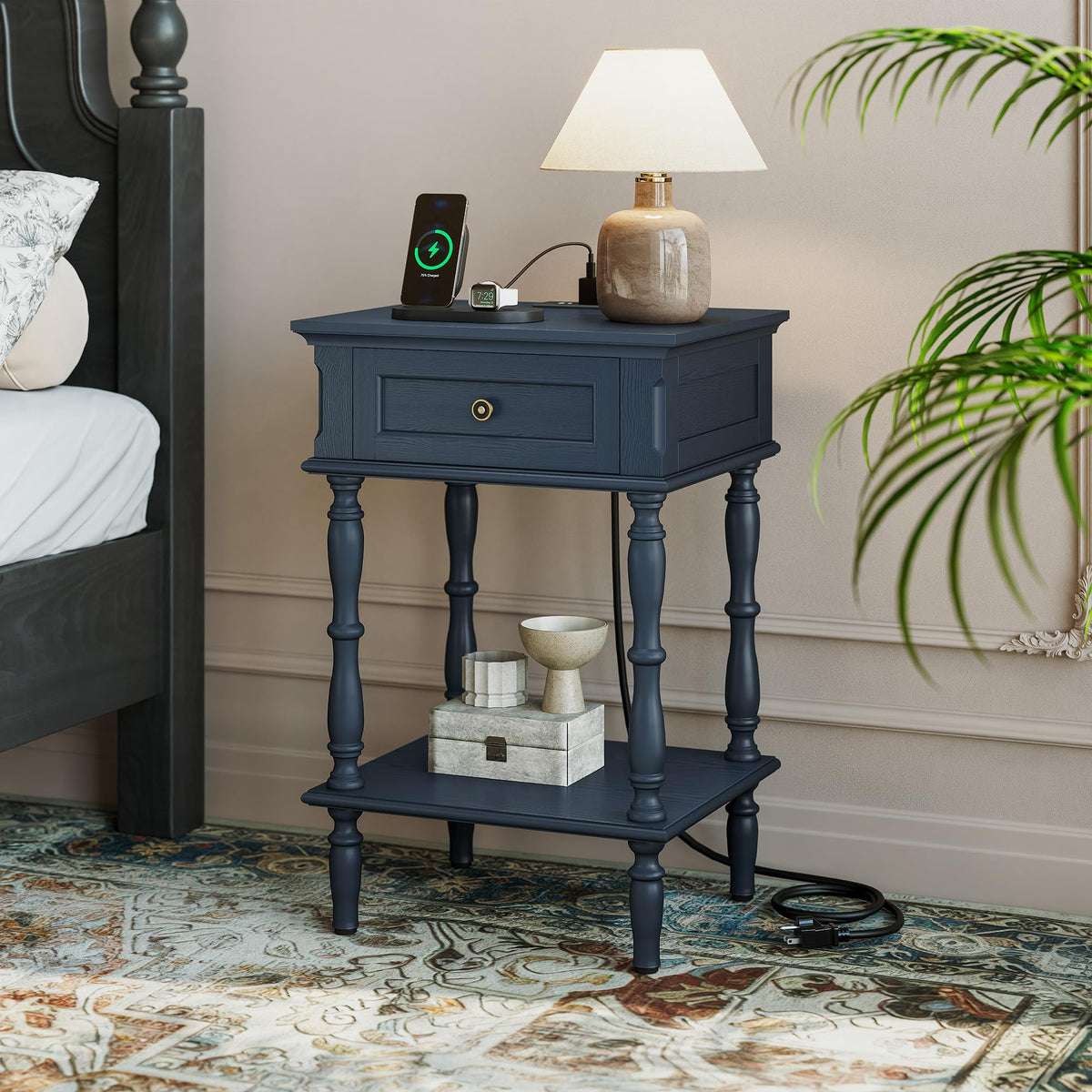 Blue Nightstands Set of 2 with Charging Station & Storage Shelf E172