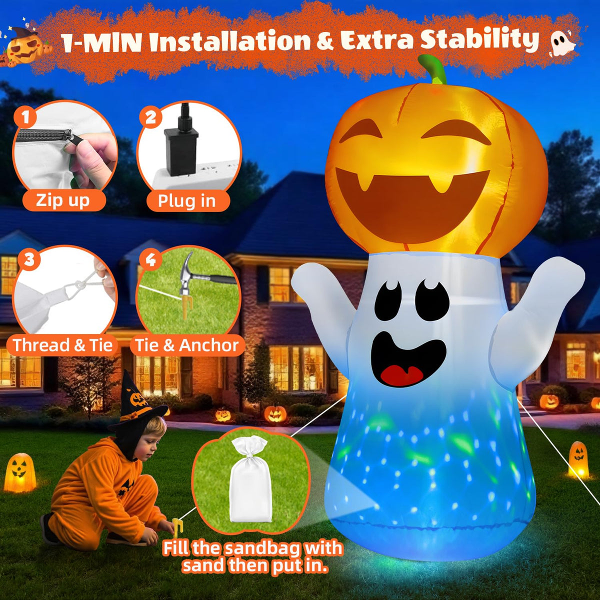 5FT Halloween Inflatables Pumpkin Ghost Built-in 3-Pattern Colorful Flashing Light X3125