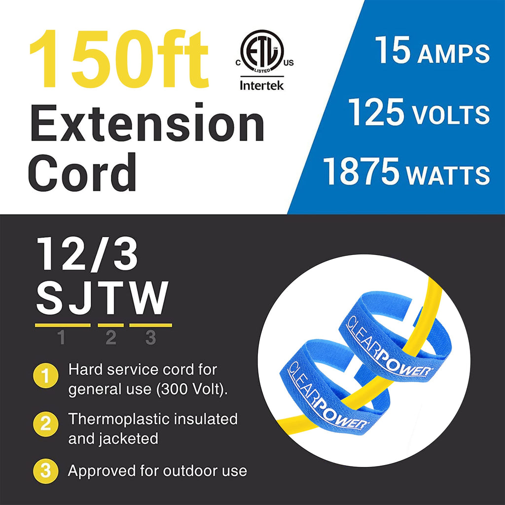 150ft 12/3 SJTW Yellow Outdoor Extension Cord with 3-Outlet Adapter B1502