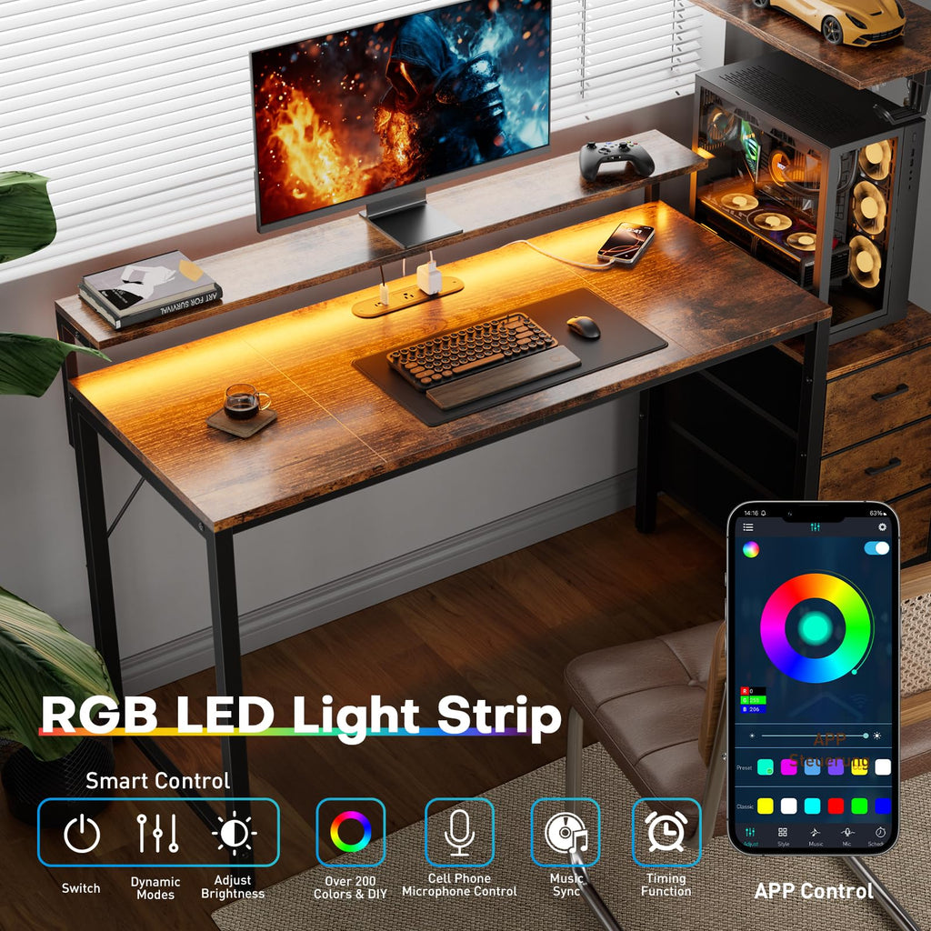 44 Inch Gaming Desk with Power Outlets & LED Lights Q69842