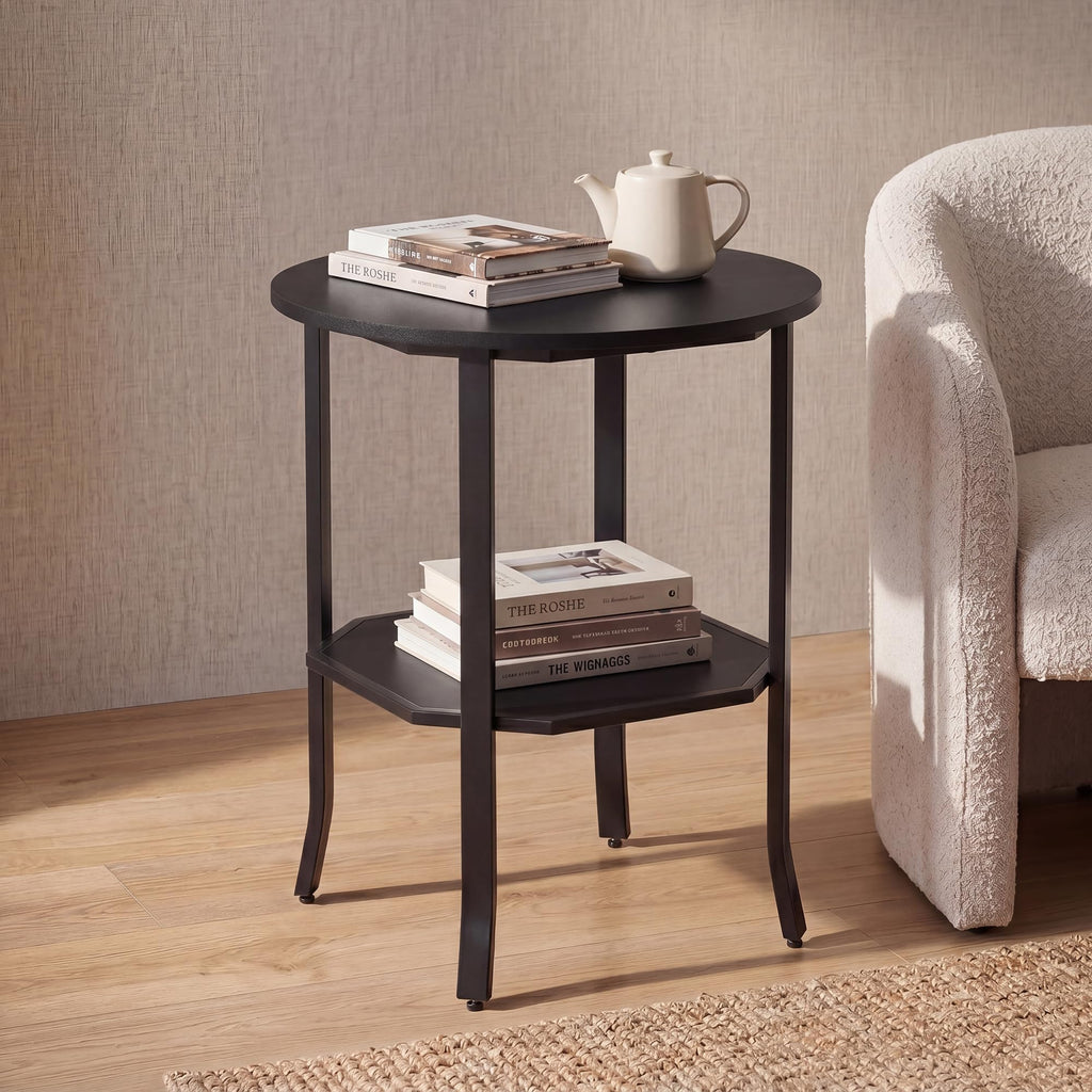2-Tier Round Side End Table with Storage Shelf D557