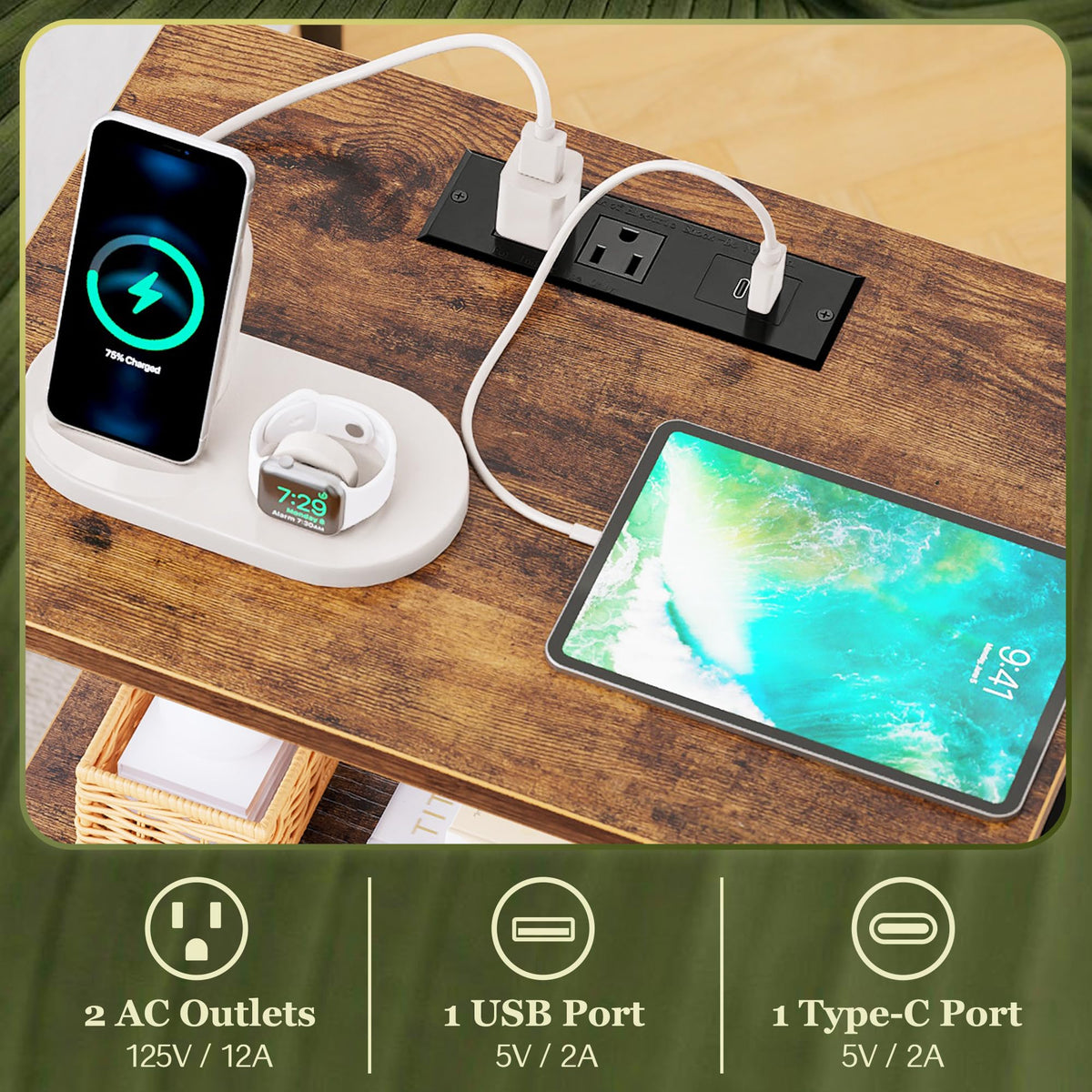3-Tier Nightstand with Charging Station W125
