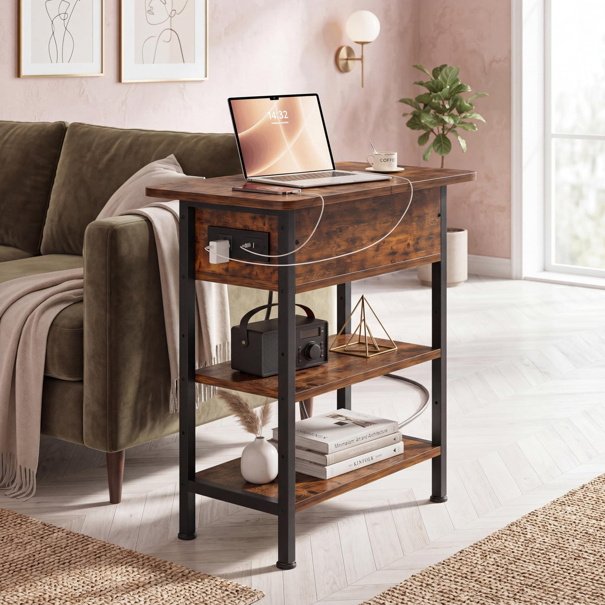 End Table with Charging Station, Flip Top Side Table with USB Ports and Outlets, 3-Tier Side Table with Storage K538