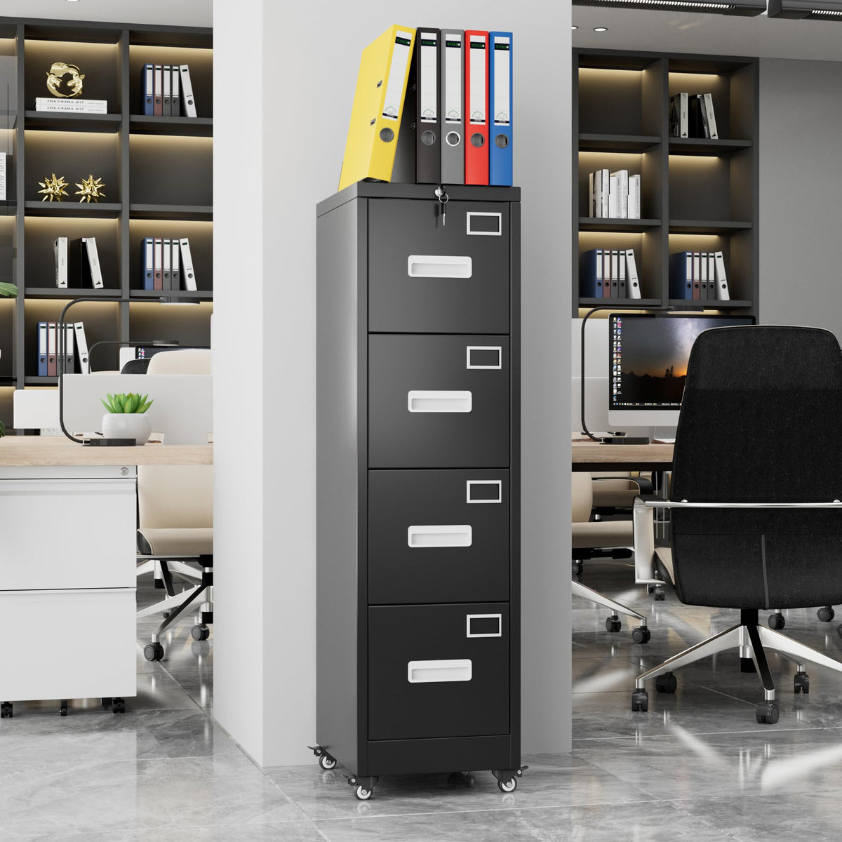 Metal 4 Drawer File Cabinet with Lock and Wheels, Black Z90434