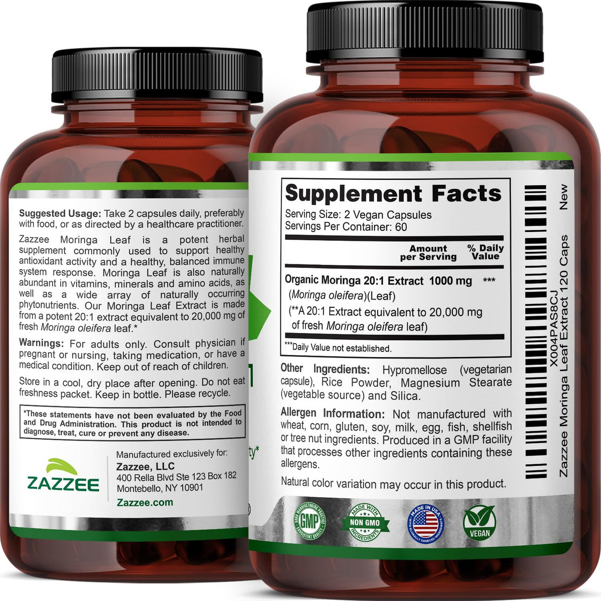 USDA Organic Moringa Leaf 20:1 Extract 120 Vegan Capsules R27949