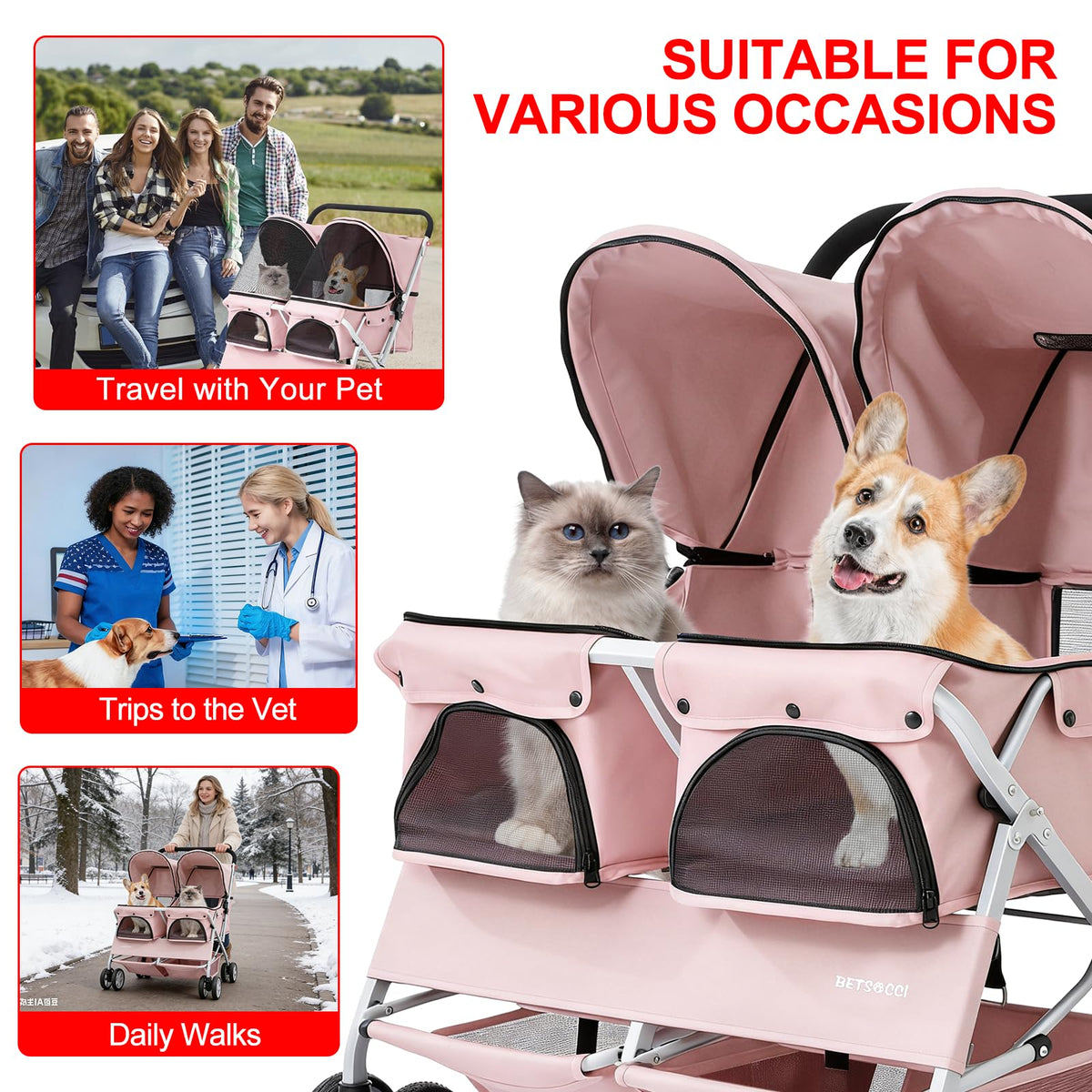 Double Pet Stroller for 2 Small Dogs & Cats, Side-by-Side Twin Travel Carriage with Safety Leashes, Mesh Windows & Double Storage Baskets, Lightweight & Foldable, 44lbs Capacity, Pink O199061