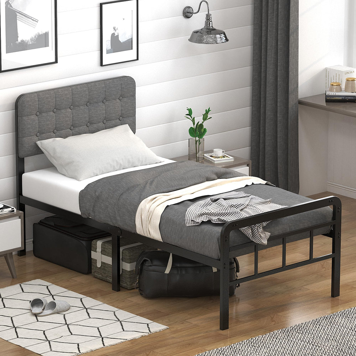 16 Inch Twin XL Upholstered Metal Bed Frame F76536