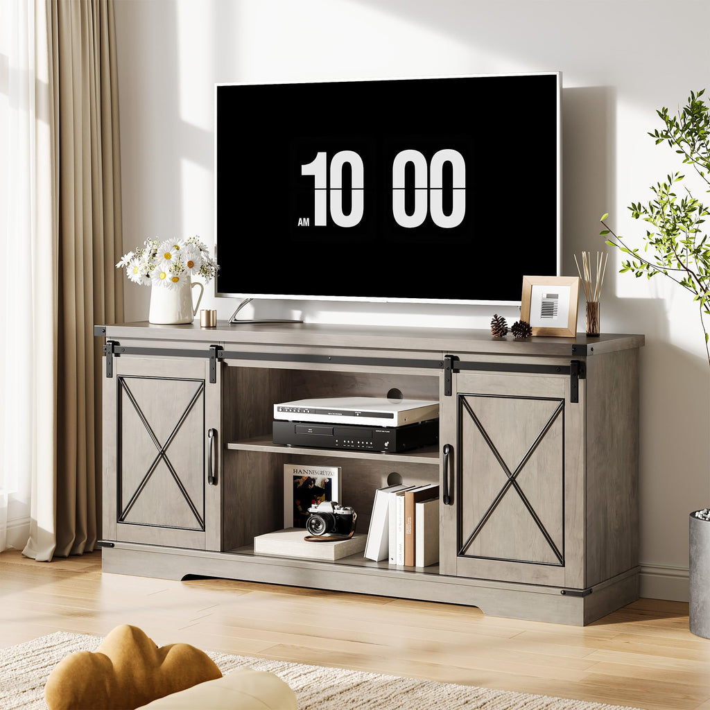 Farmhouse TV Stand with Sliding Barn Doors and Storage Cabinets, Grey E26173
