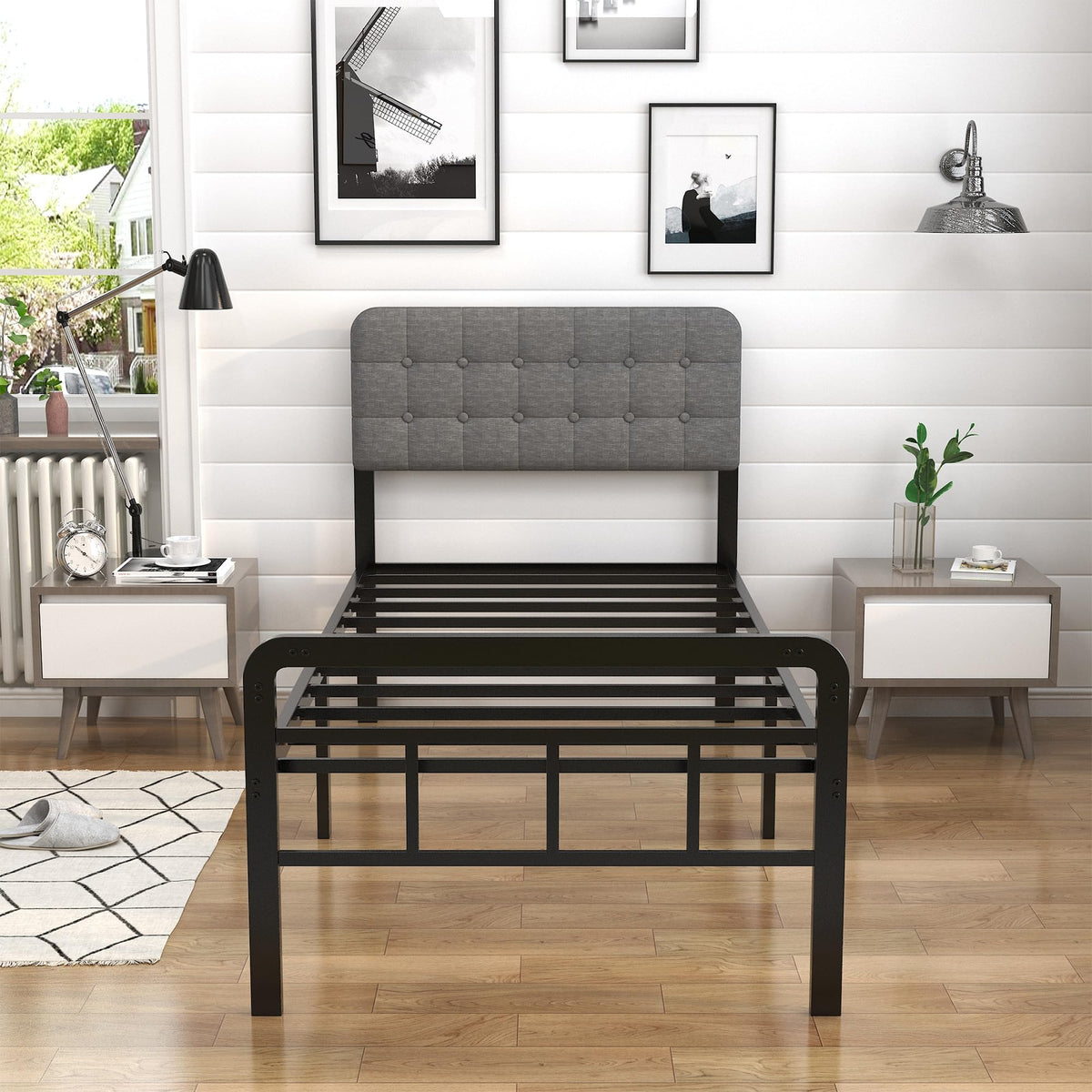 16 Inch Twin XL Upholstered Metal Bed Frame F76536