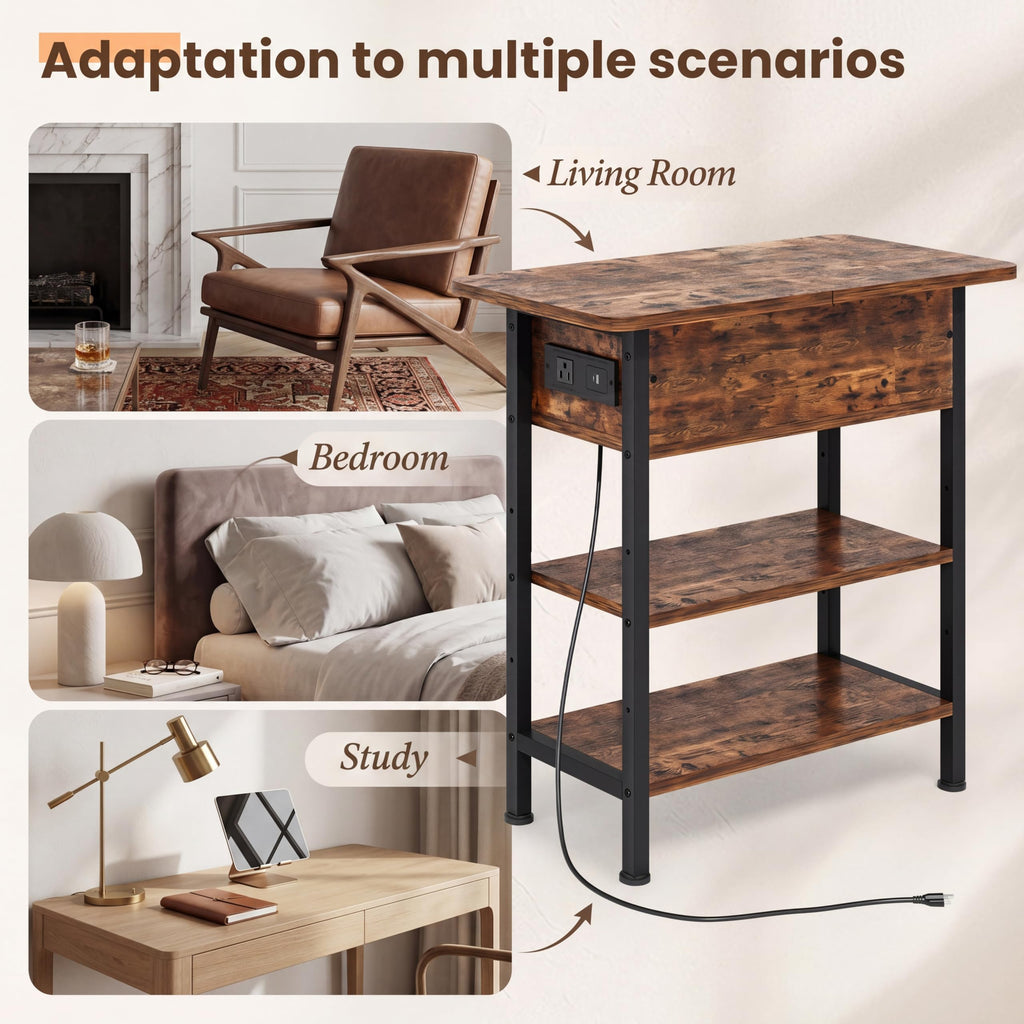 End Table with Charging Station, Flip Top Side Table with USB Ports and Outlets, 3-Tier Side Table with Storage K538