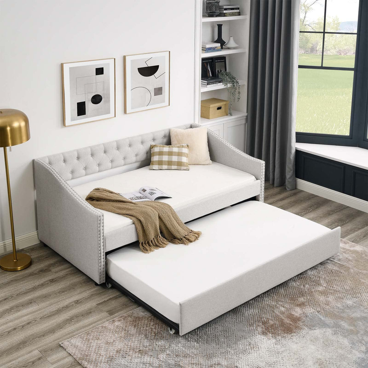 Velvet Upholstered Twin Size Daybed with Trundle I83706