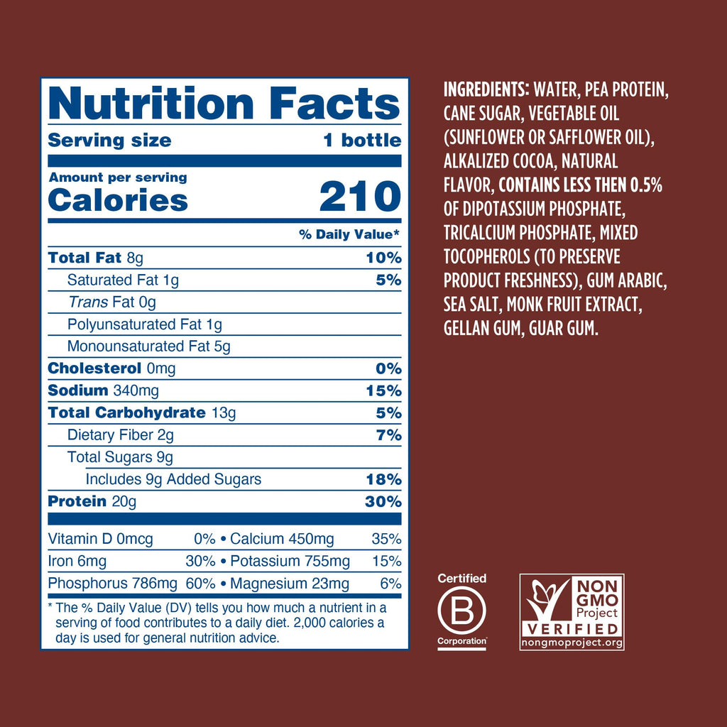 Chocolate Plant Based Protein Shake 20g Pea Protein Vegan Non GMO 12 Fl Oz Bottles Pack of 12 H771837