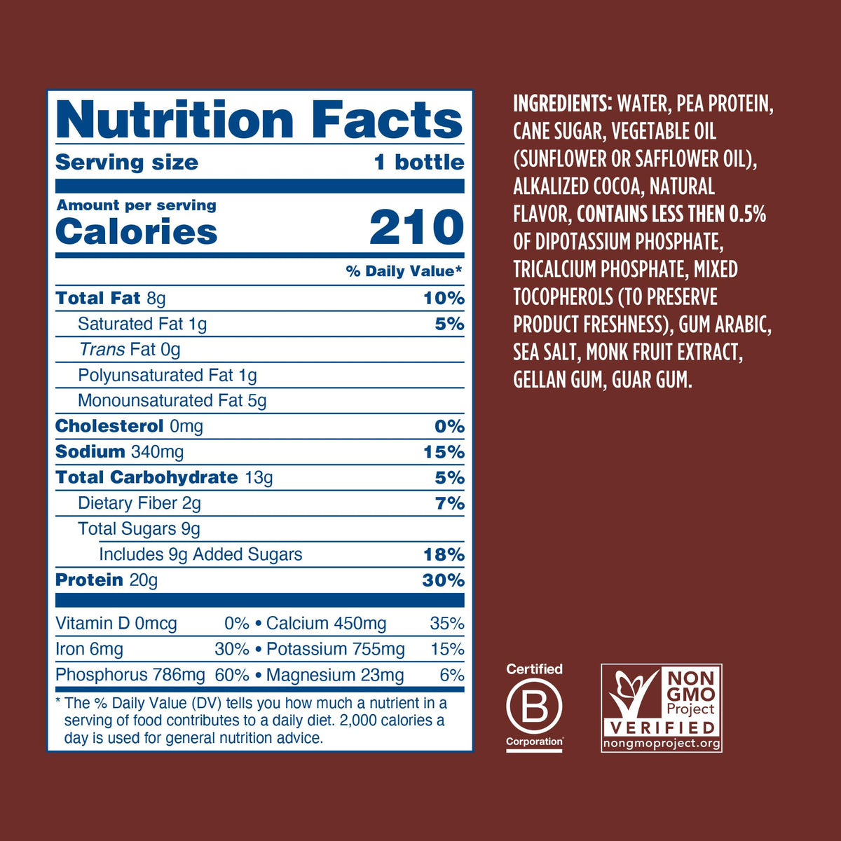 Chocolate Plant Based Protein Shake 20g Pea Protein Vegan Non GMO 12 Fl Oz Bottles Pack of 12 H771837