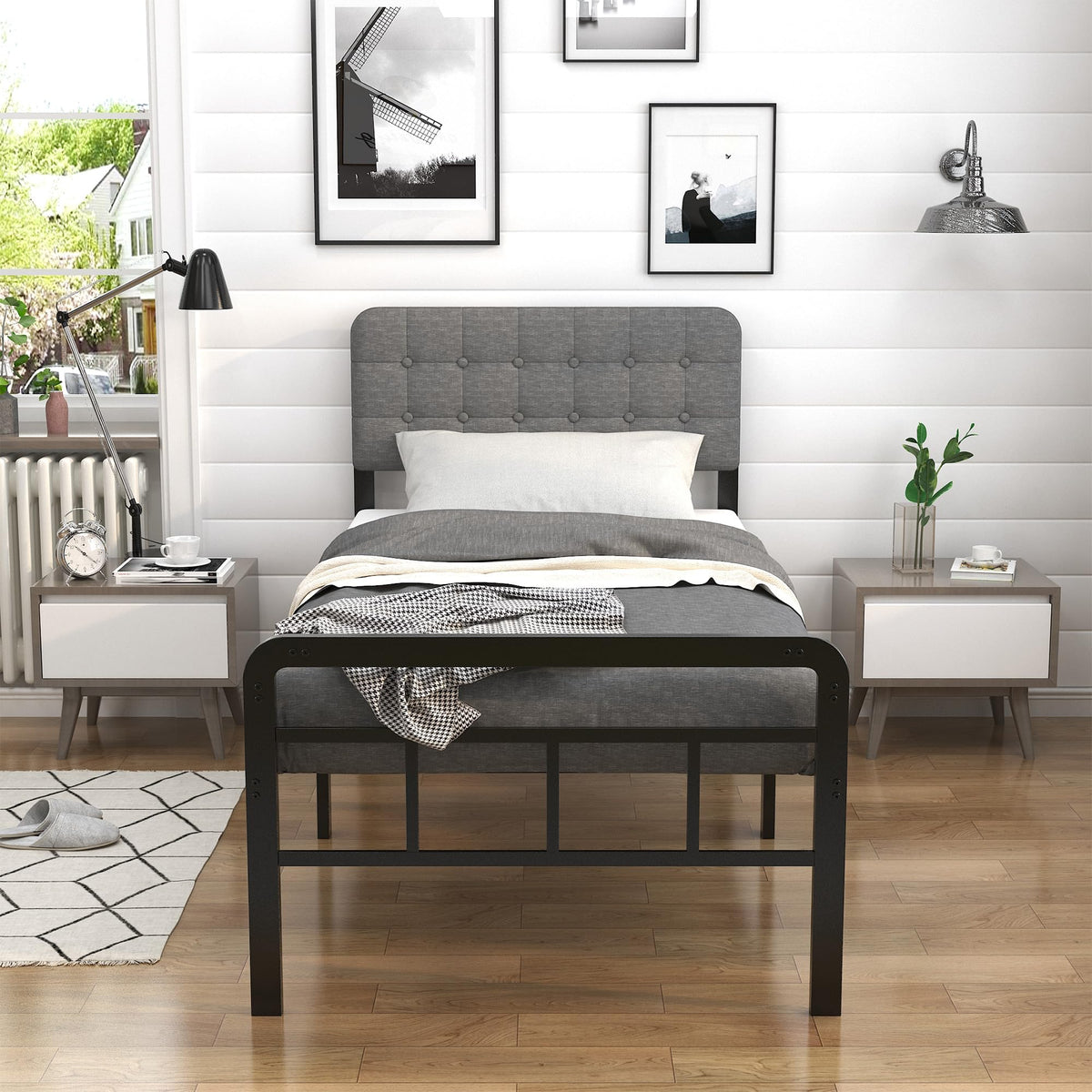 16 Inch Twin XL Upholstered Metal Bed Frame F76536
