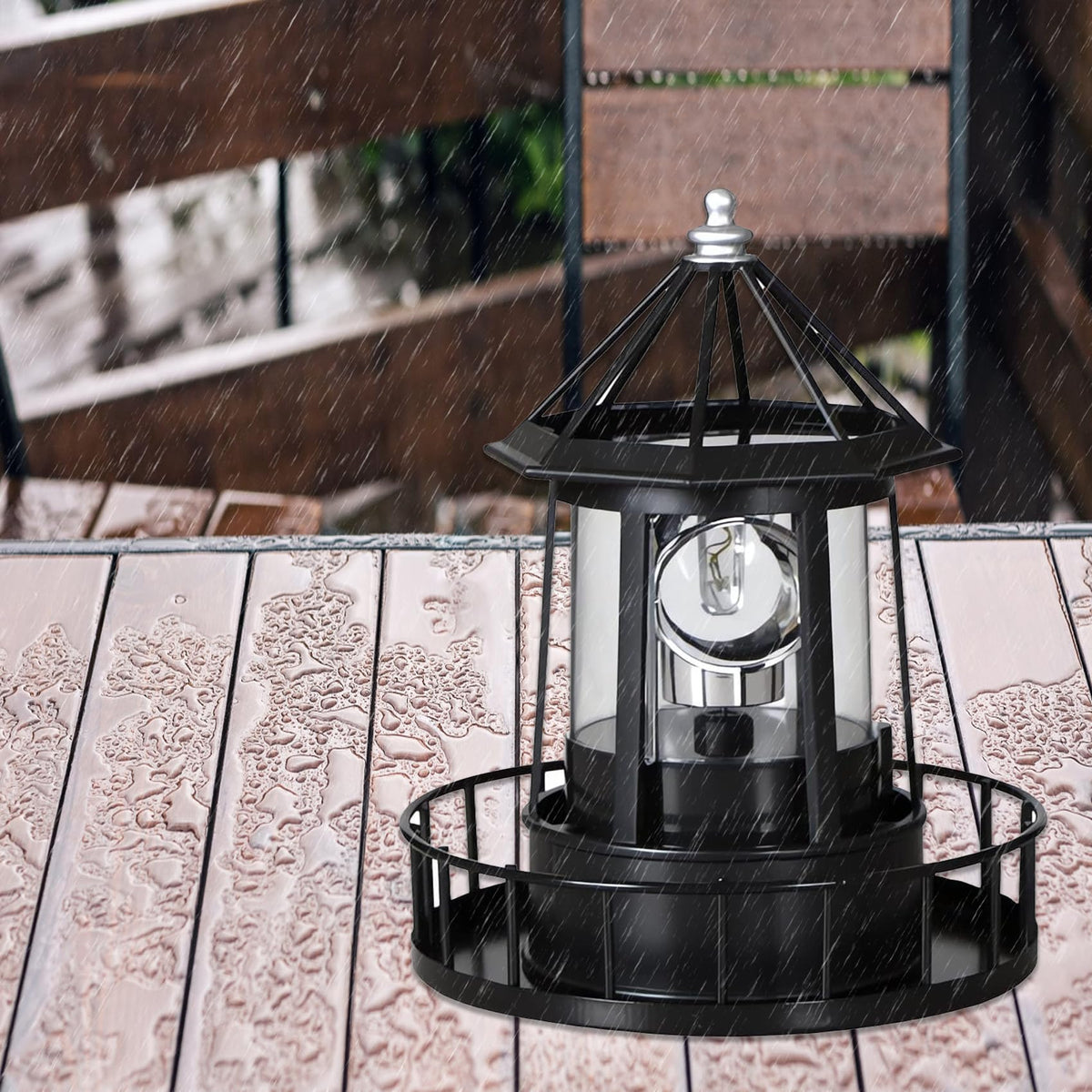 Black IP65 Waterproof Solar Rotating Lighthouse Light J741576