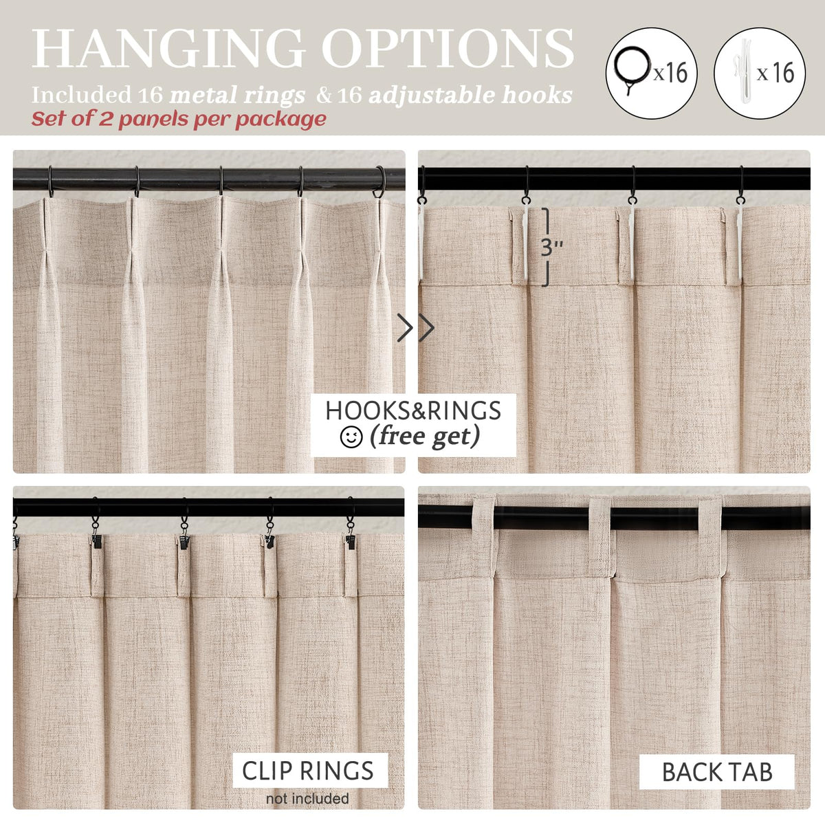 Light Filtering Semi Sheer Linen Curtains 96 Inches 2 Panels Set U55226