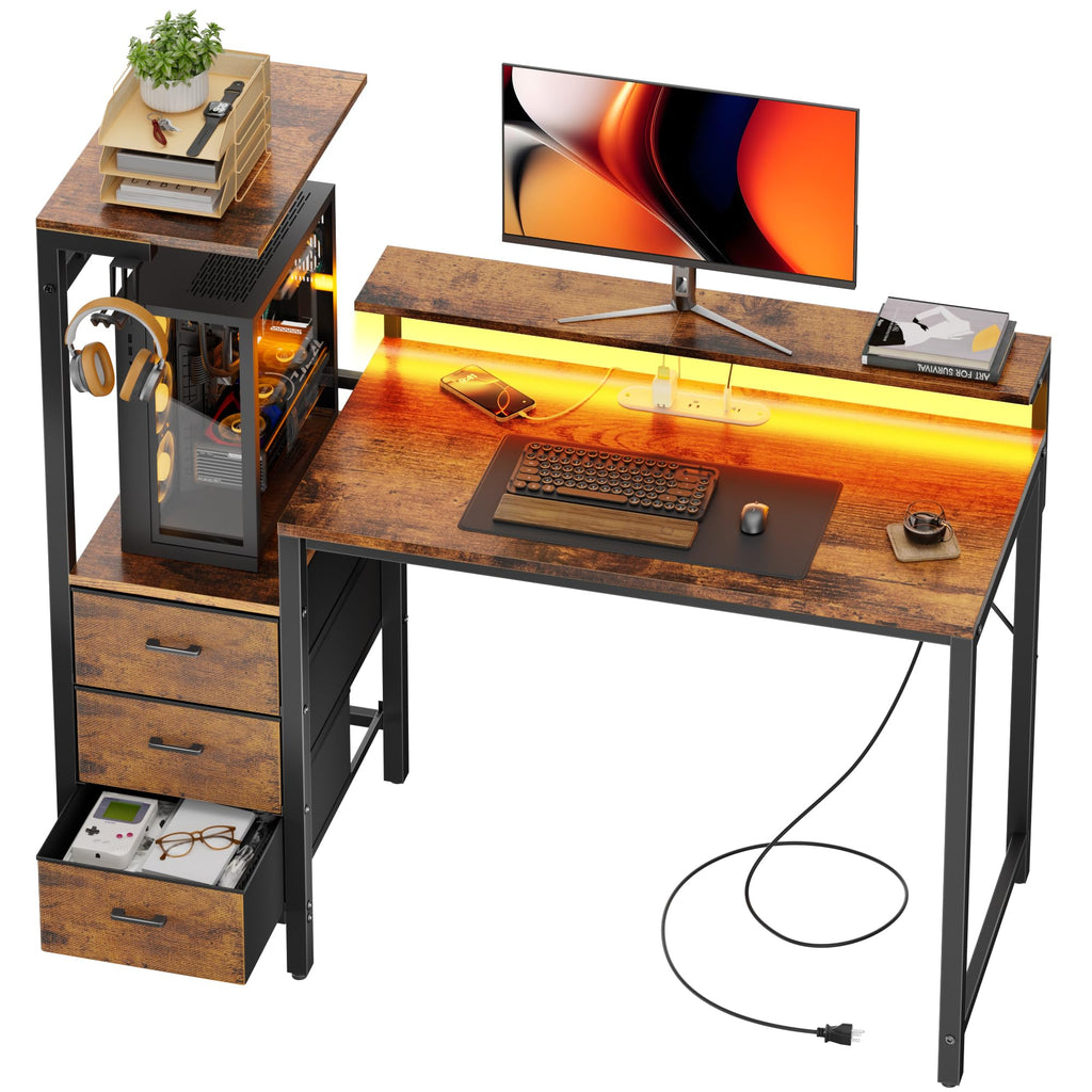 44 Inch Gaming Desk with Power Outlets & LED Lights Q69842