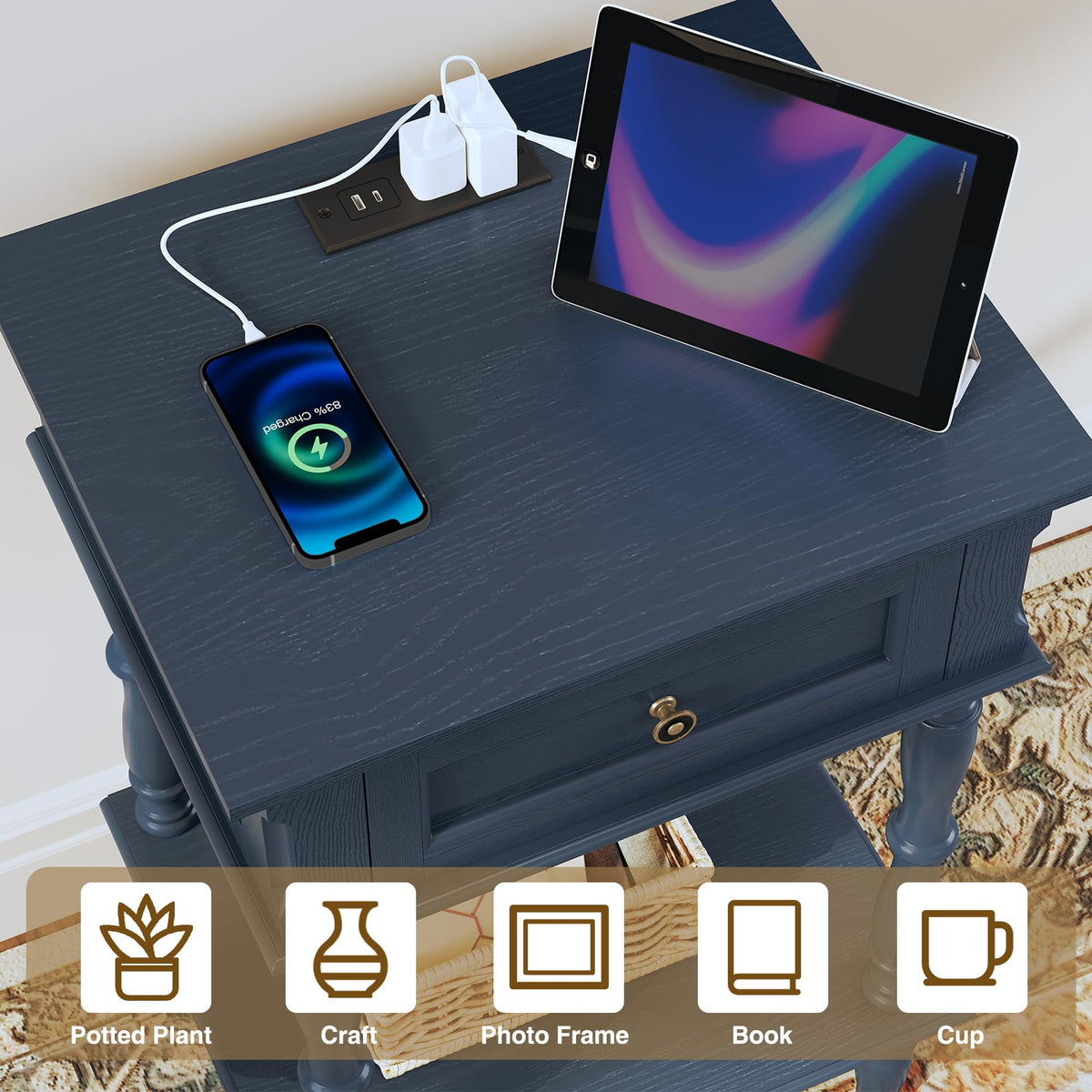 Blue Nightstands Set of 2 with Charging Station & Storage Shelf E172