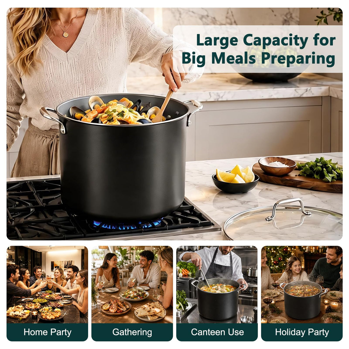 16QT Nonstick Ceramic Stock Pot with Tempered Glass Lid O153732