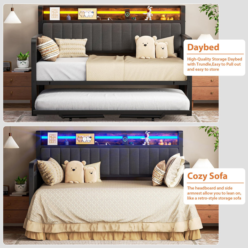 Brown Metal Daybed with Trundle and Storage Headboard K4140