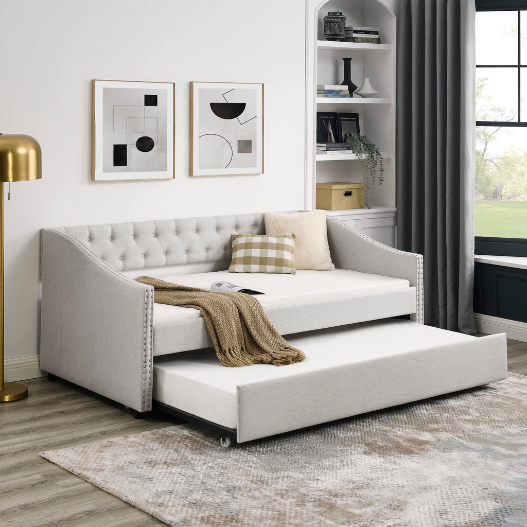 Upholstered Button Tufted Twin Size Daybed with Trundle I9240