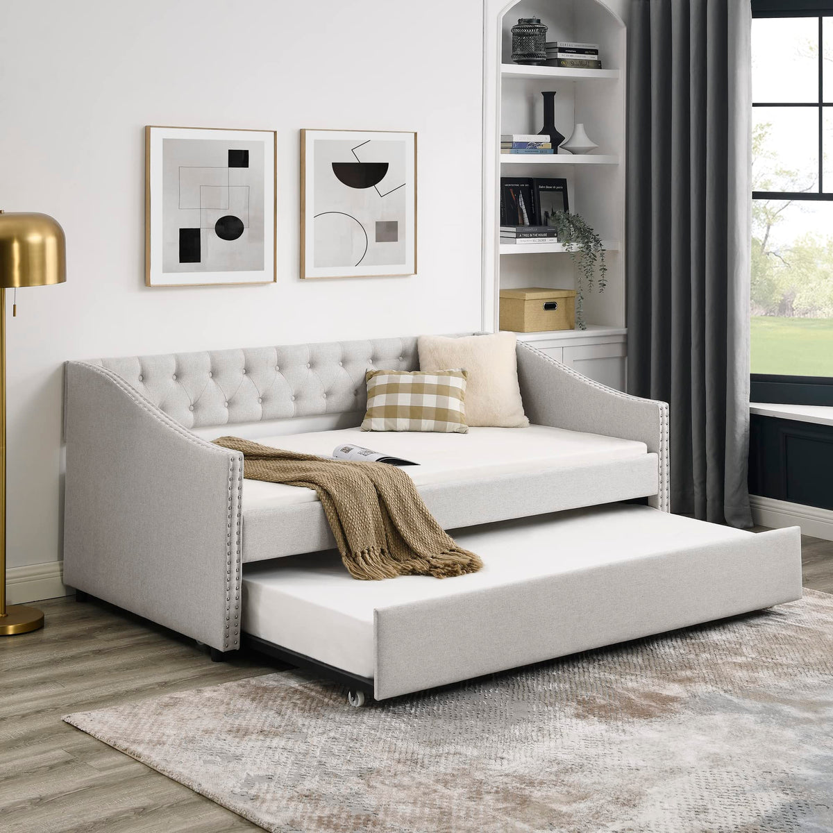 Upholstered Button Tufted Twin Size Daybed with Trundle I9240