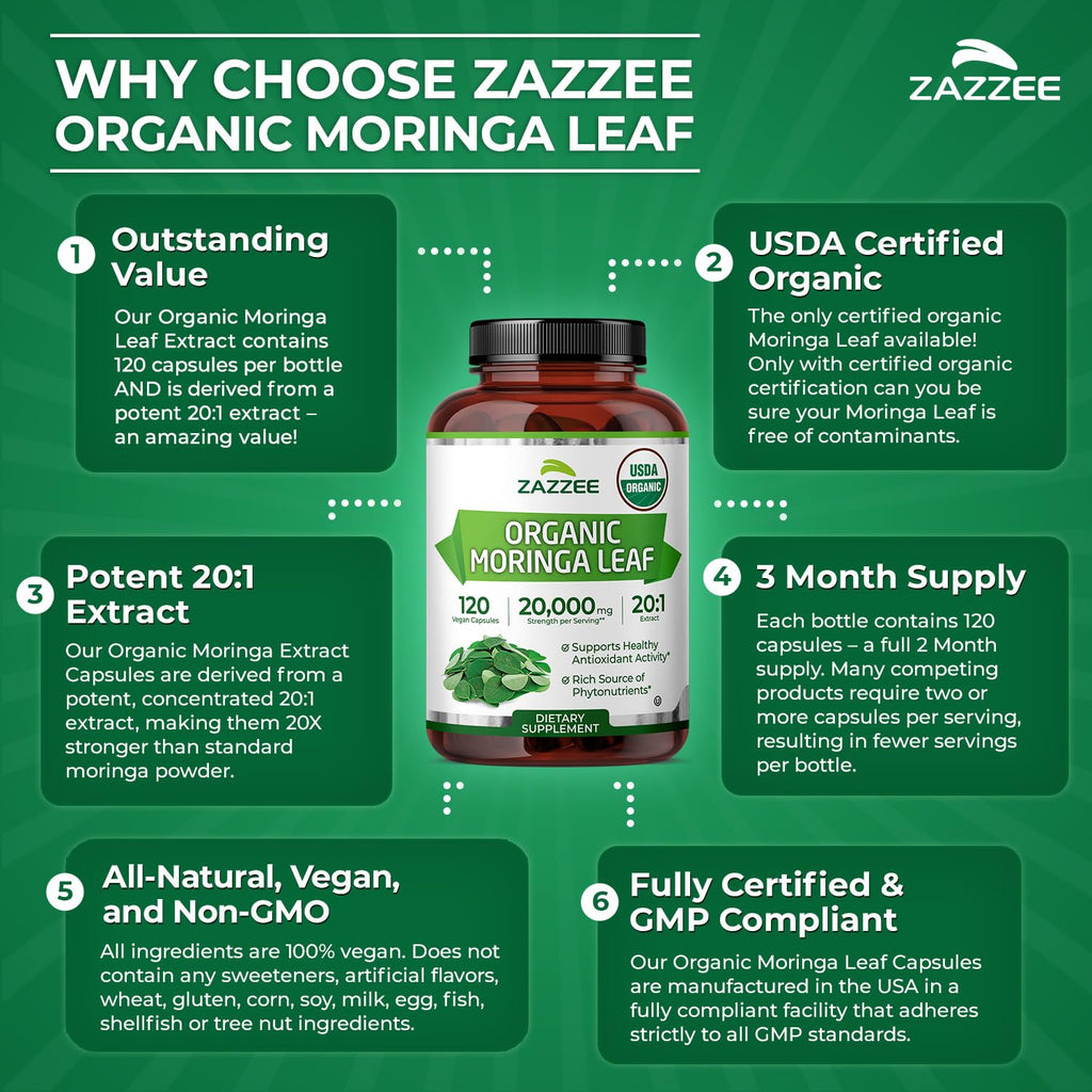 USDA Organic Moringa Leaf 20:1 Extract 120 Vegan Capsules R27949
