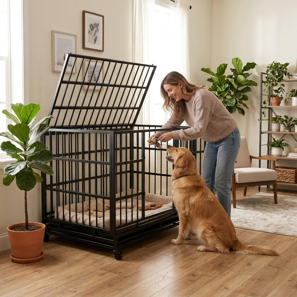 48" Metal Dog Crate with Tray & Wheels I516196