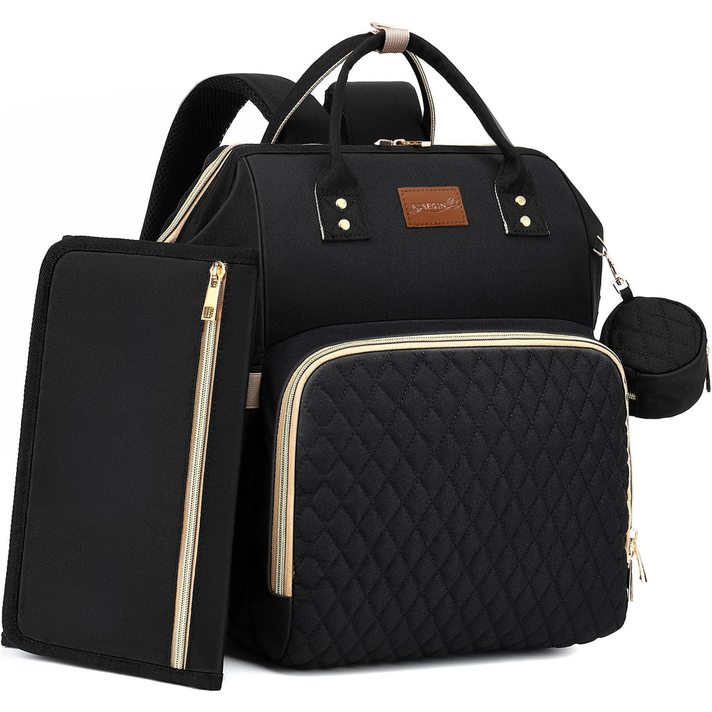 Black Waterproof Quilted Diaper Bag Backpack with Changing Pad G557549