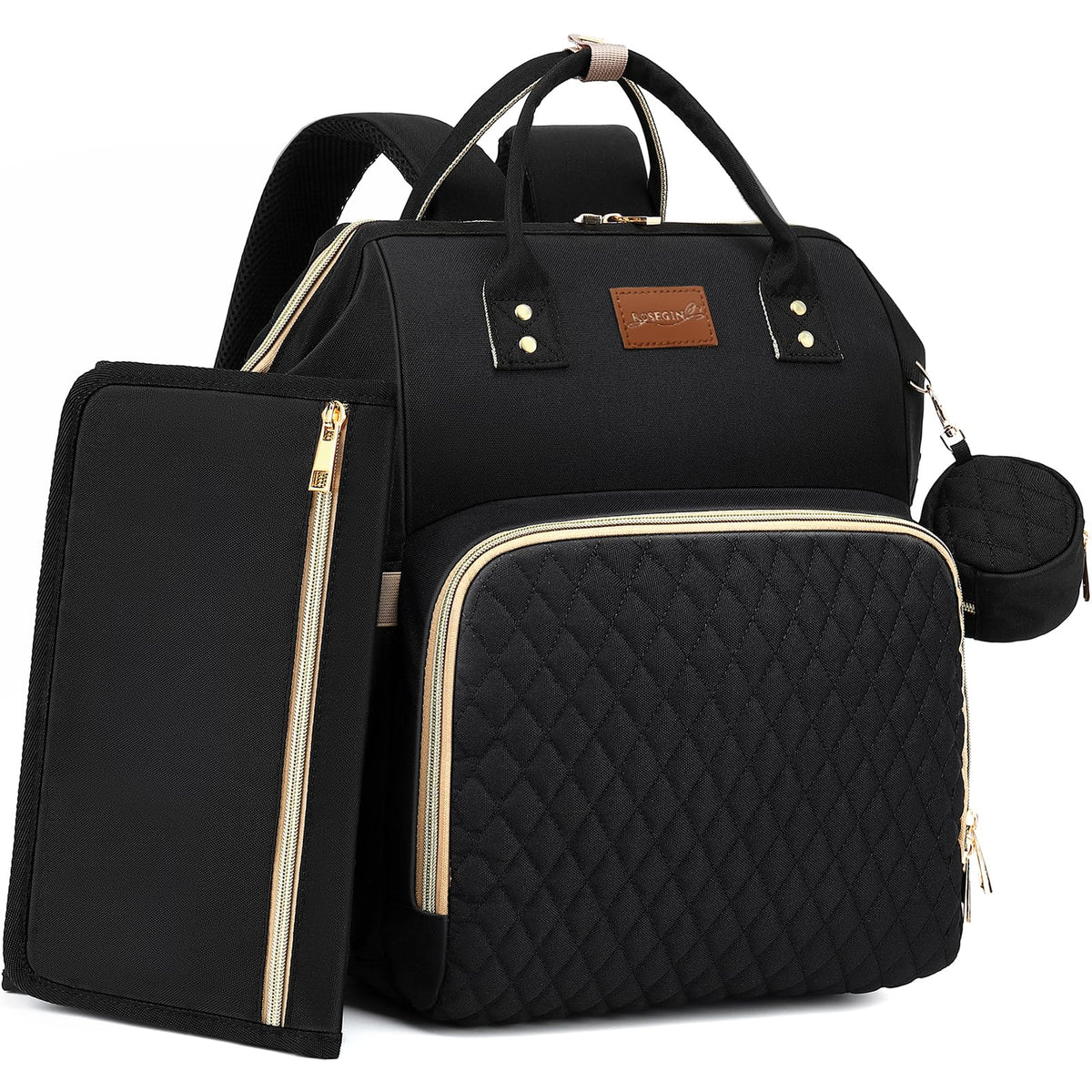 Black Waterproof Quilted Diaper Bag Backpack with Changing Pad G557549