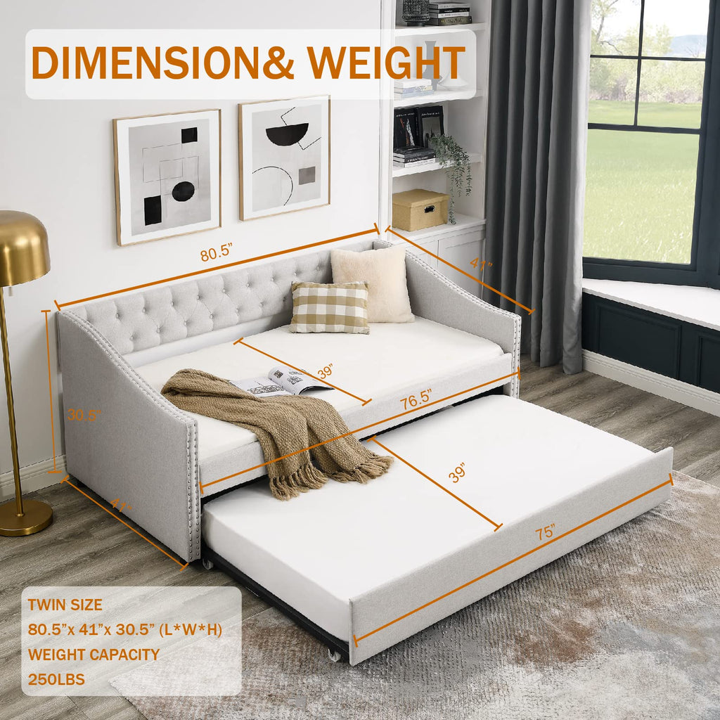 Upholstered Button Tufted Twin Size Daybed with Trundle I9240