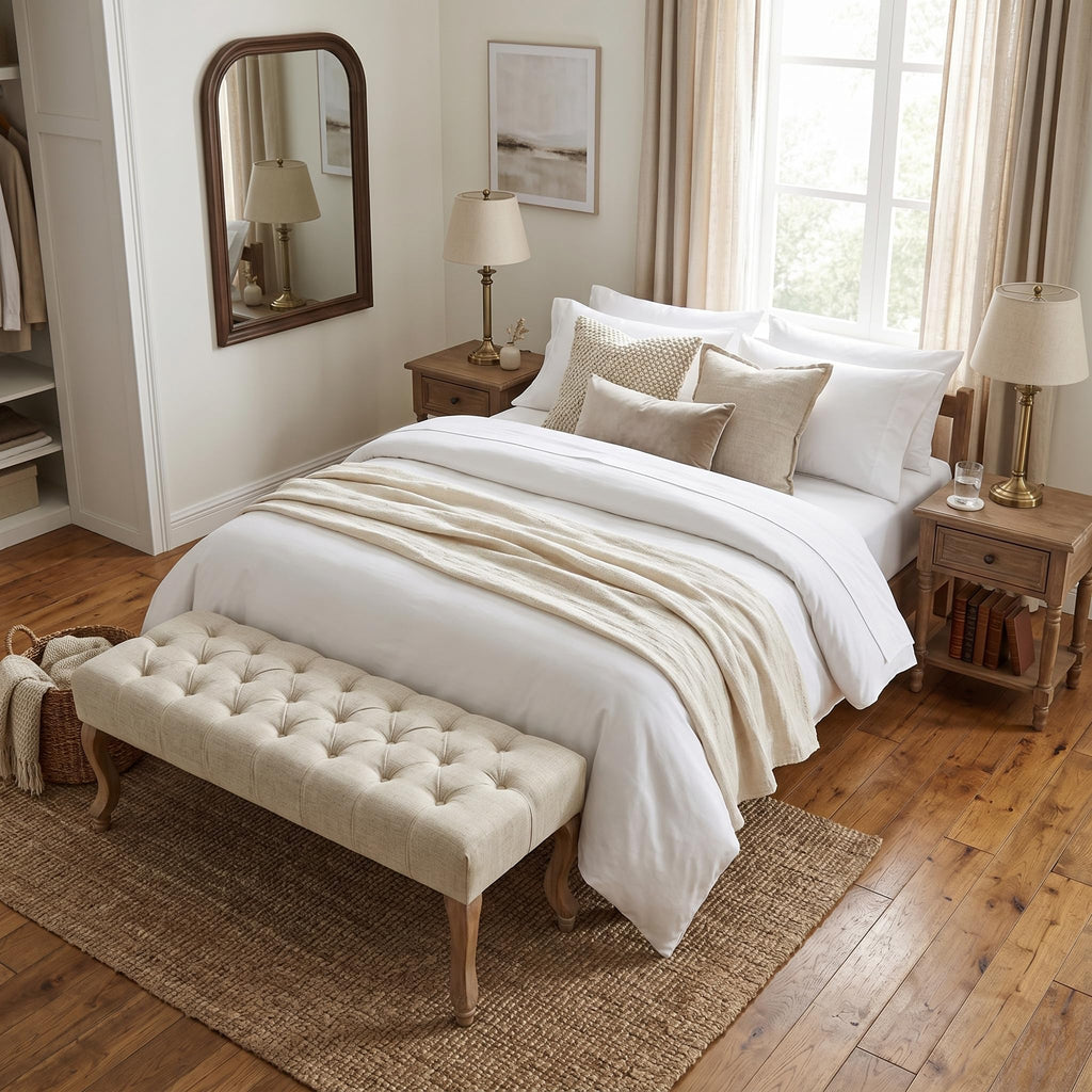 40" Beige Linen Fabric Upholstered Tufted Bench with Distressed Wood Legs S340860