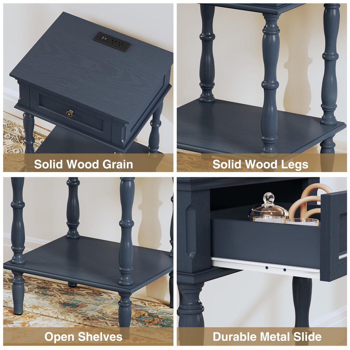 Blue Nightstands Set of 2 with Charging Station & Storage Shelf E172
