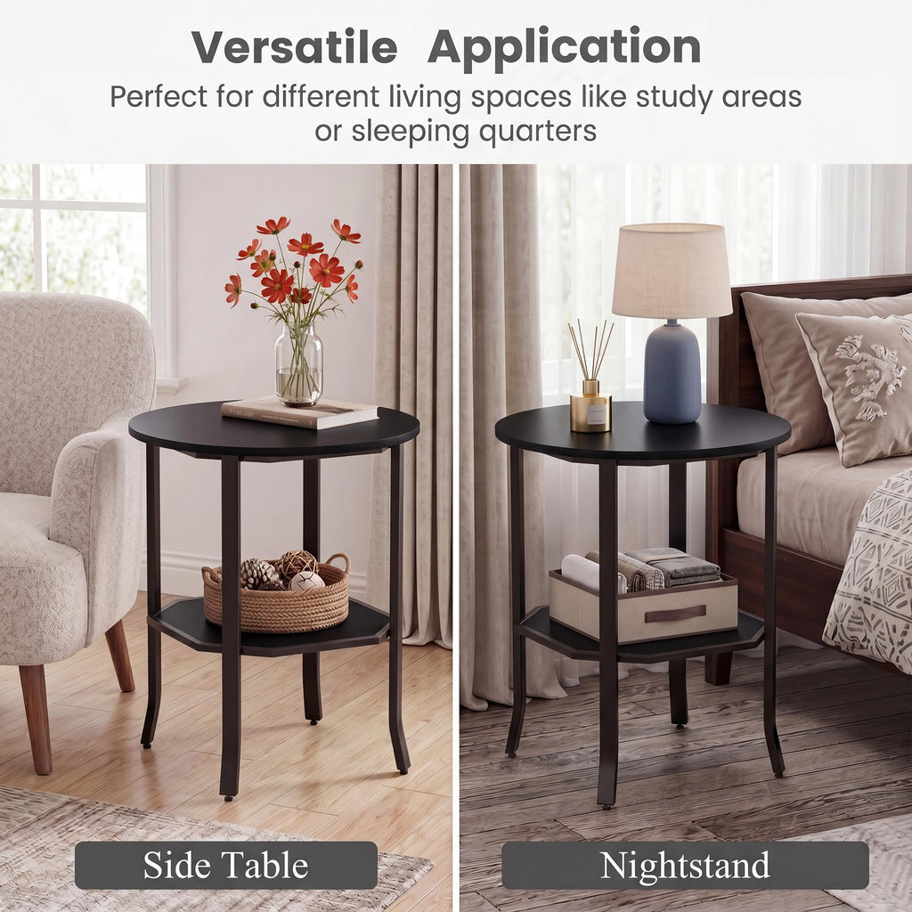 2-Tier Round Side End Table with Storage Shelf D557