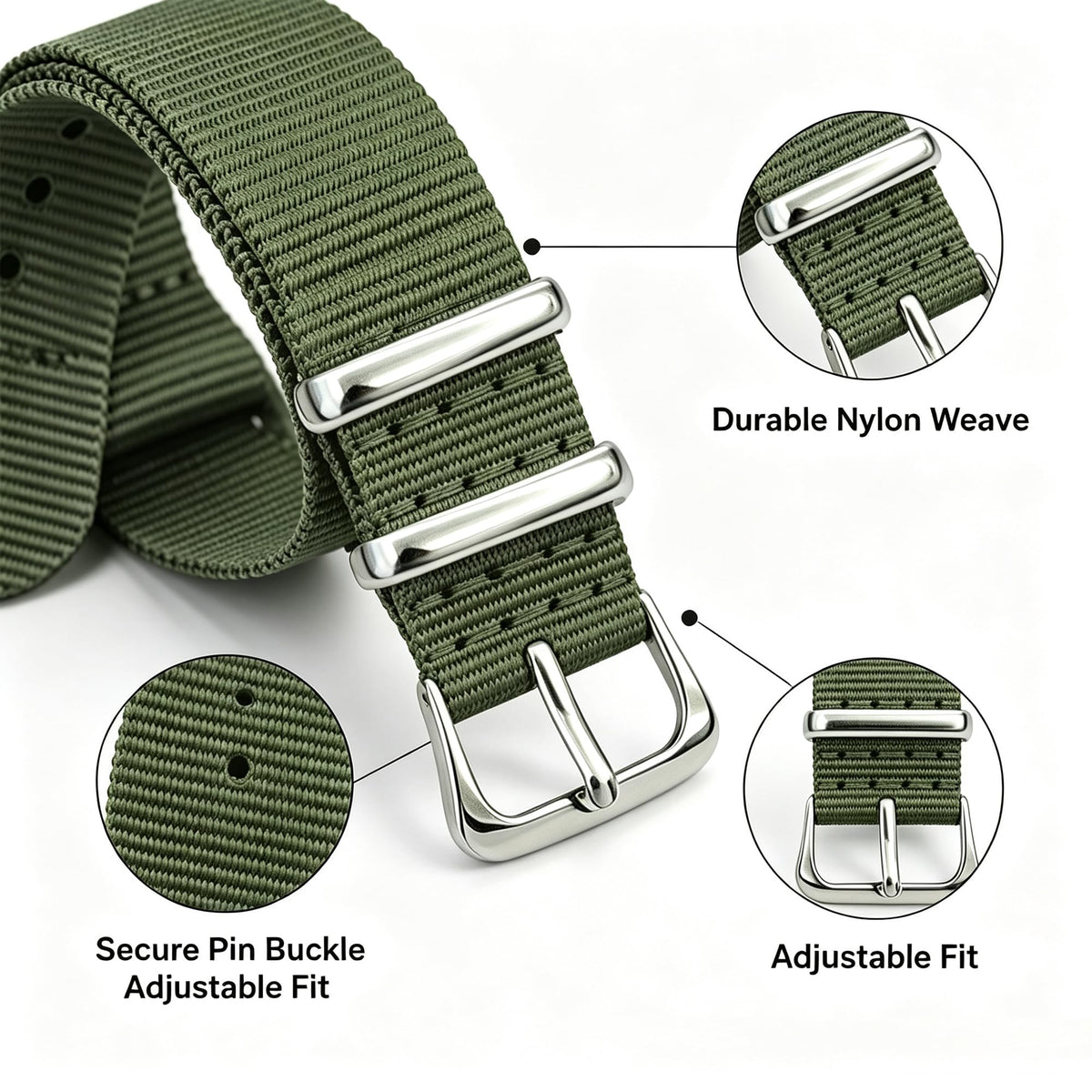 Nylon Watch Band with Stainless Steel Silver Buckle U2225