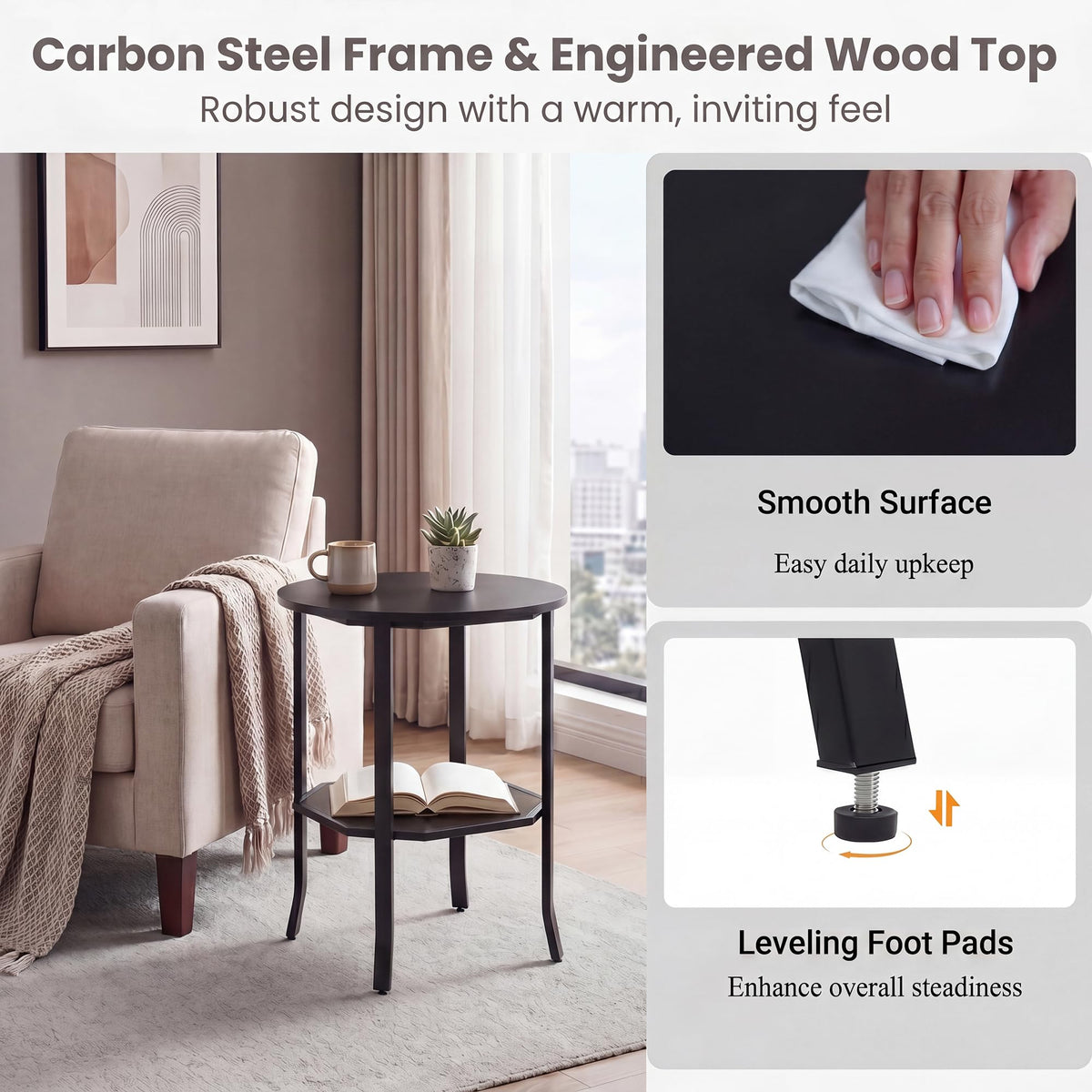 2-Tier Round Side End Table with Storage Shelf D557