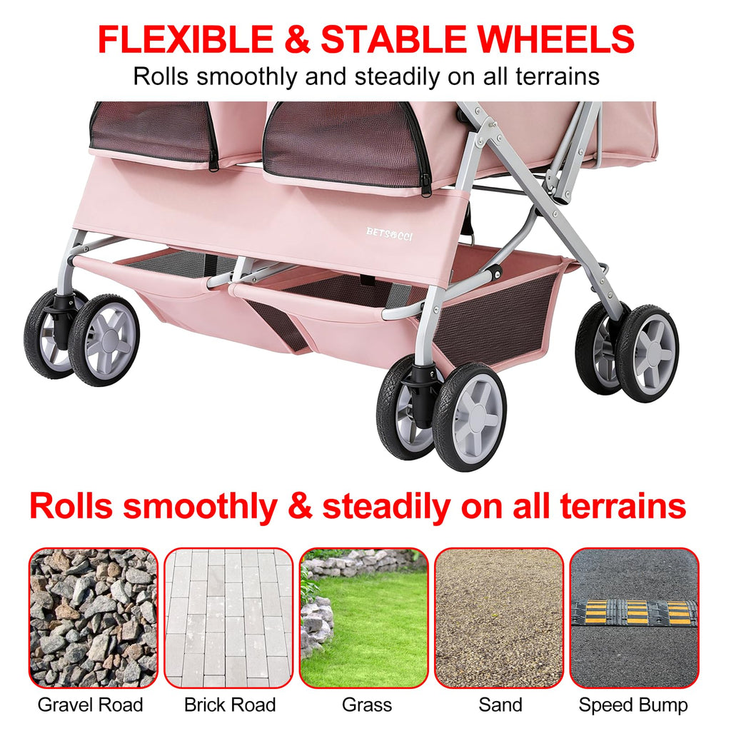 Double Pet Stroller for 2 Small Dogs & Cats, Side-by-Side Twin Travel Carriage with Safety Leashes, Mesh Windows & Double Storage Baskets, Lightweight & Foldable, 44lbs Capacity, Pink O199061