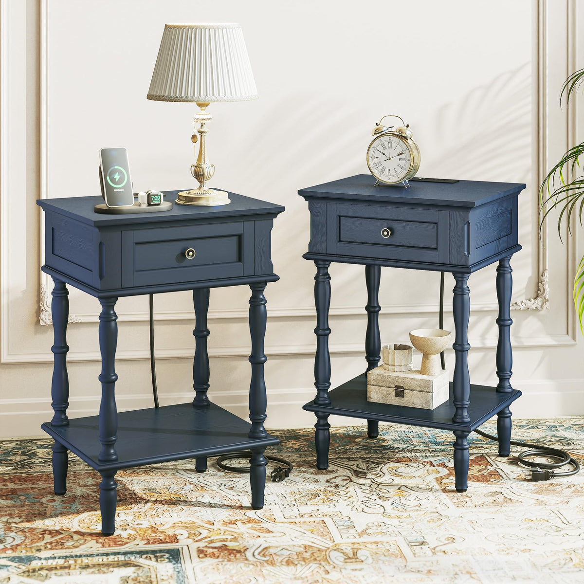 Blue Nightstands Set of 2 with Charging Station & Storage Shelf E172