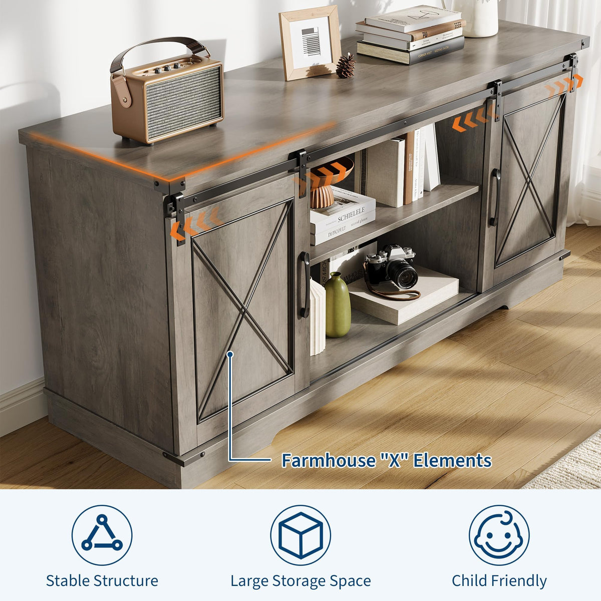 Farmhouse TV Stand with Sliding Barn Doors and Storage Cabinets, Grey E26173