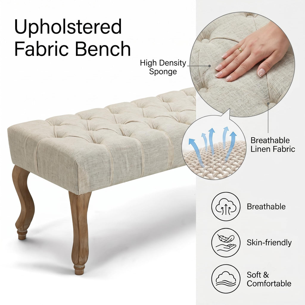 40" Beige Linen Fabric Upholstered Tufted Bench with Distressed Wood Legs S340860
