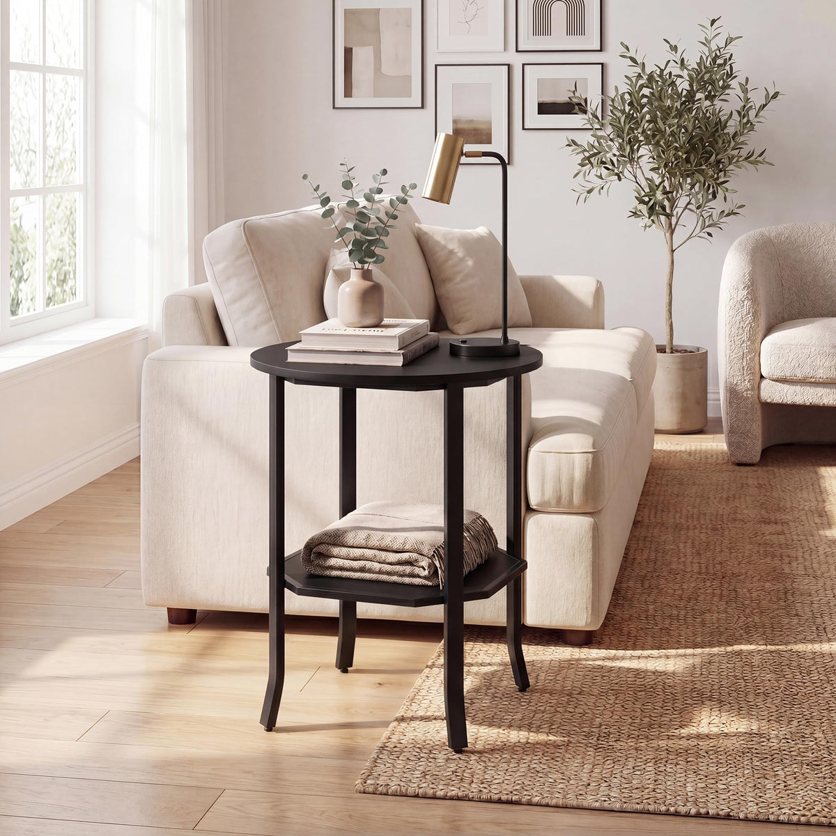2-Tier Round Side End Table with Storage Shelf D557