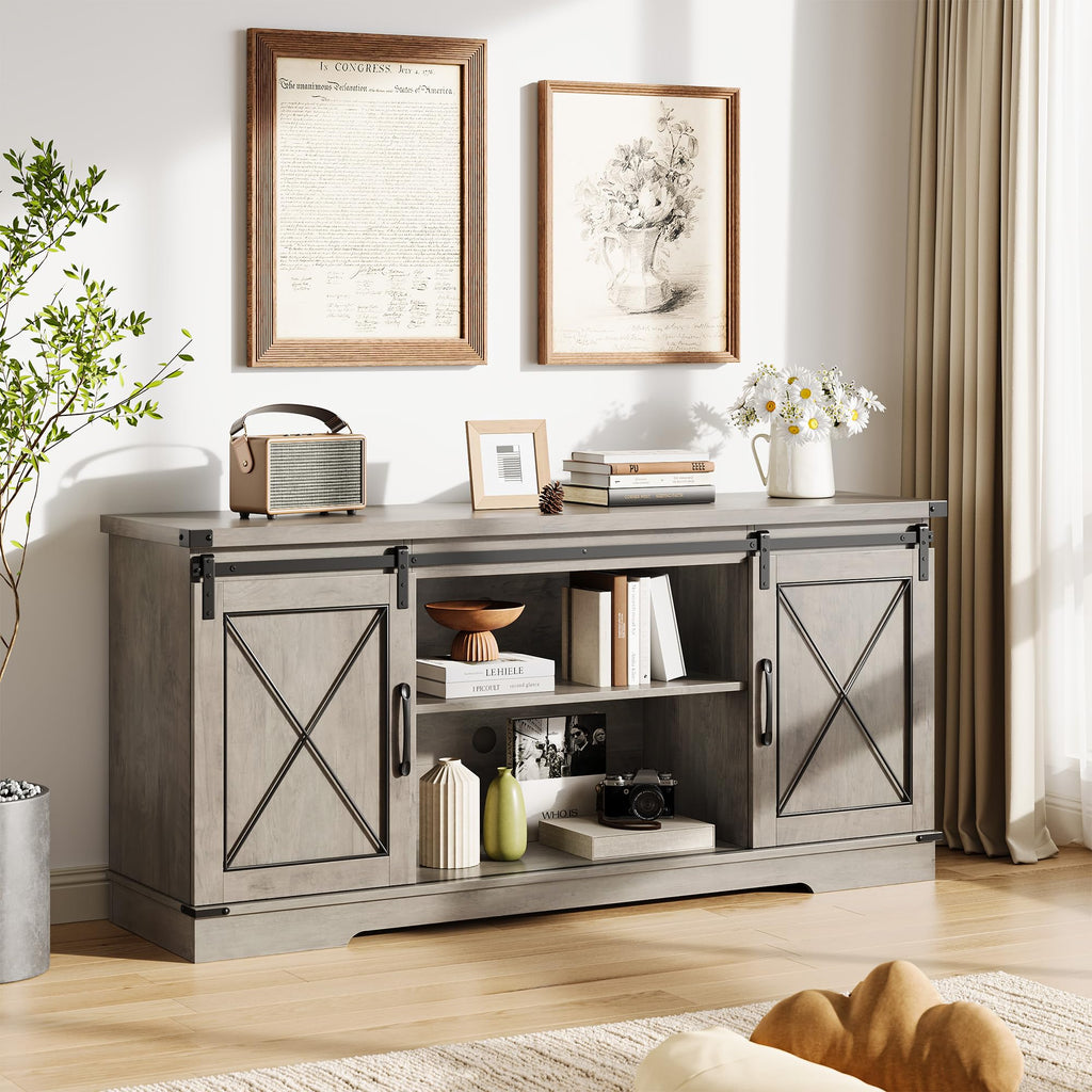 Farmhouse TV Stand with Sliding Barn Doors and Storage Cabinets, Grey E26173