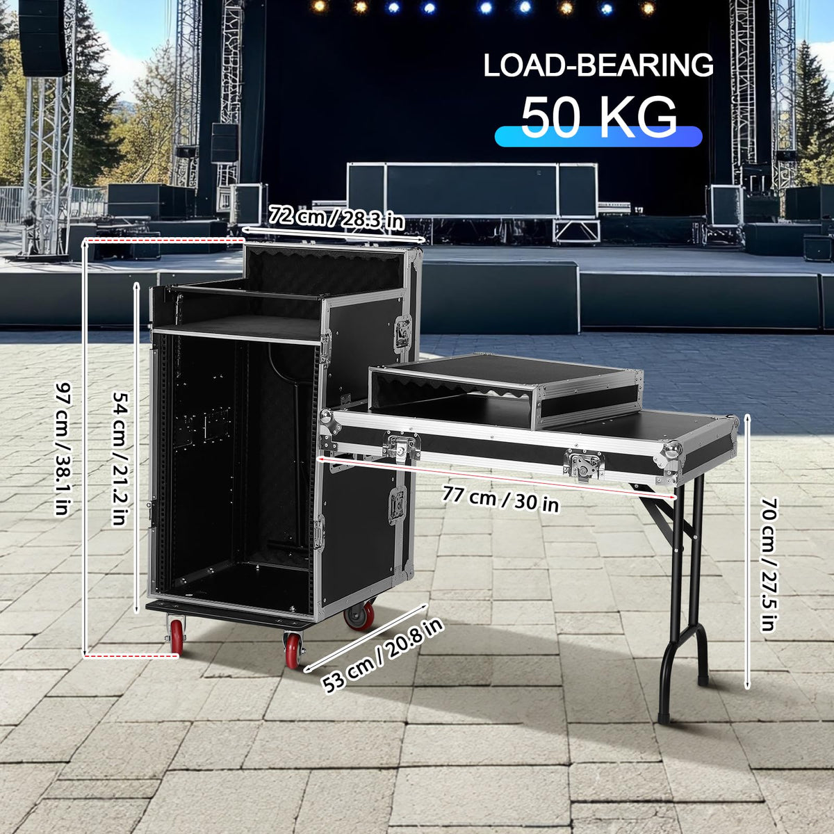 16U DJ Controller Case Rack with 2 Side Tables and 4 Casters O99038