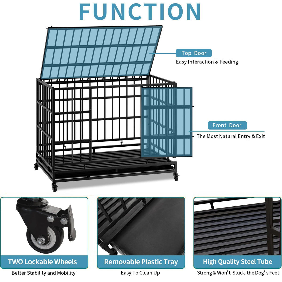 48" Metal Dog Crate with Tray & Wheels I516196