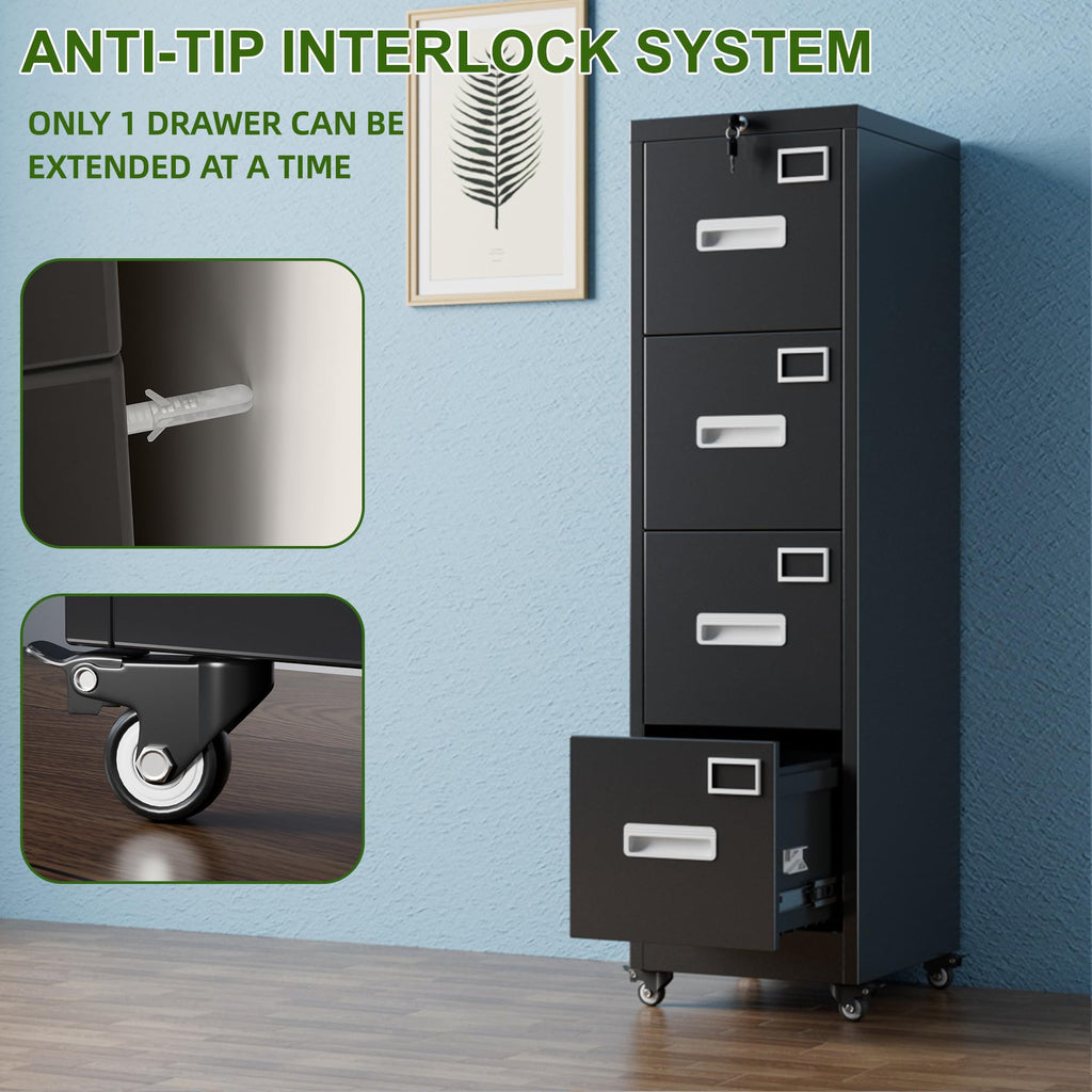 Metal 4 Drawer File Cabinet with Lock and Wheels, Black Z90434