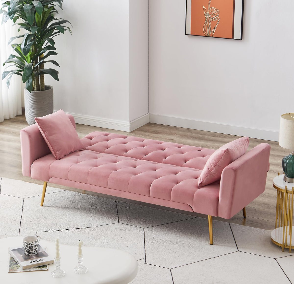 Modern Velvet Sofa Bed Futon with 2 Pillows X9019