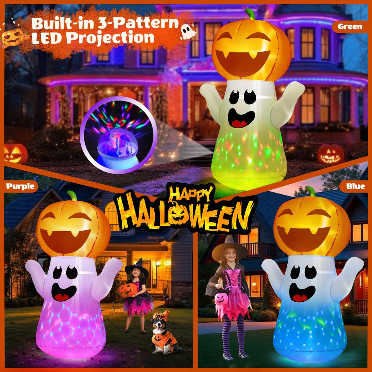 5FT Halloween Inflatables Pumpkin Ghost Built-in 3-Pattern Colorful Flashing Light X3125